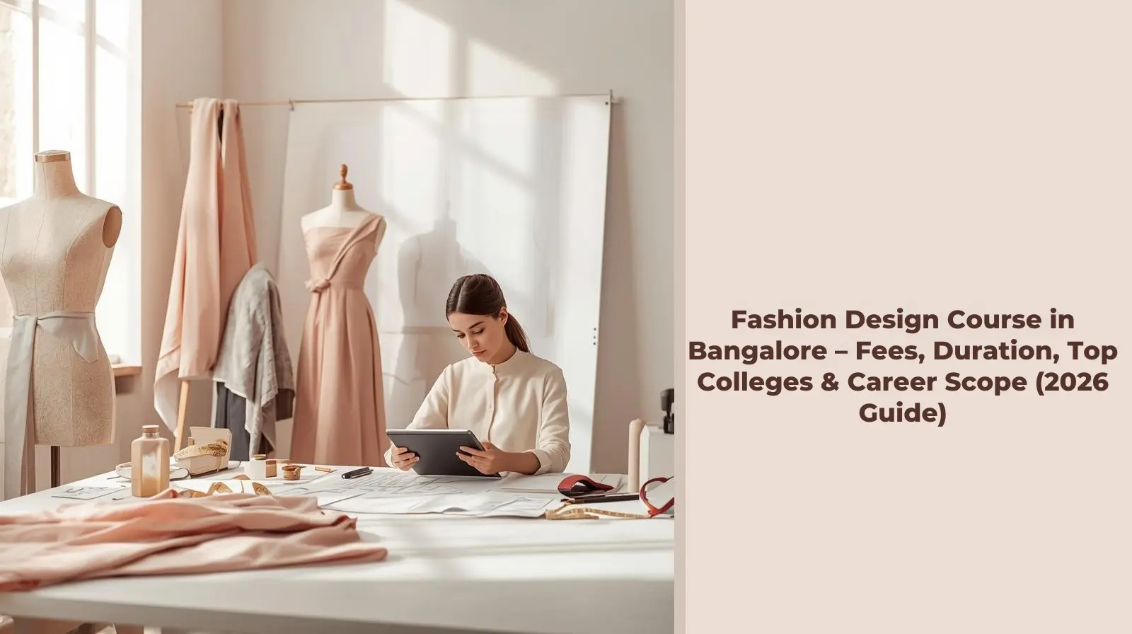 Fashion design course in Bangalore 2026 guide showing design studio, mannequins and student sketching fashion concepts.