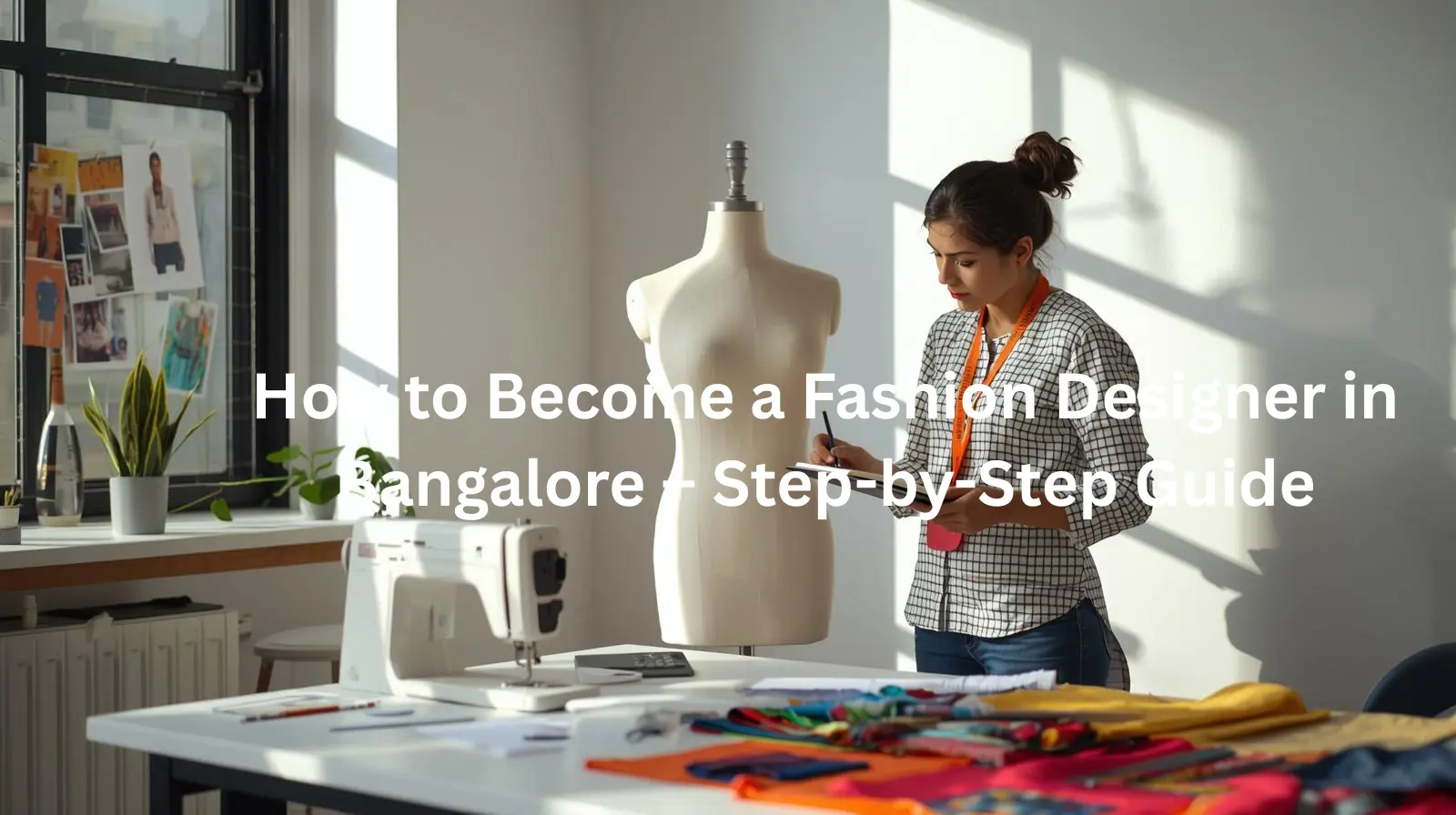 Indian fashion designer working on a garment in a modern Bangalore fashion studio, illustrating step-by-step process of becoming a fashion designer after education.