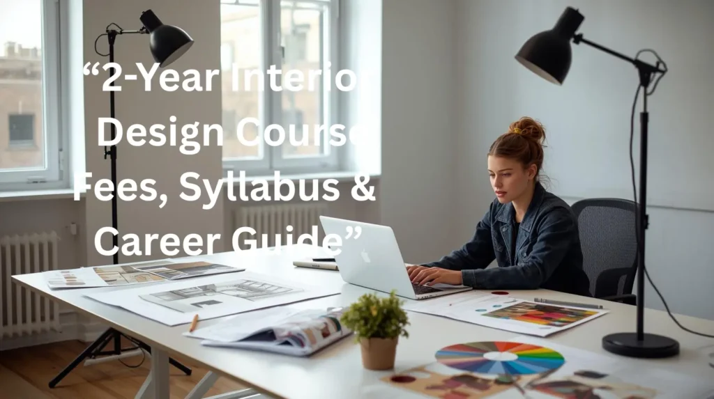 Interior design student working on 3D room design with laptop, color samples and drawings in a modern studio setup