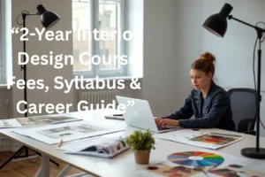 “2-Year Interior Design Course Fees, Syllabus & Career Guide” Interior design student working on 3D room design with laptop, color samples and drawings in a modern studio setup