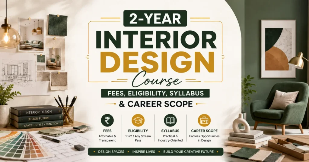 2-Year Interior Design Course blog banner featuring a modern interior design studio, mood board, furniture, and a centered title with fees, eligibility, syllabus, and career scope.