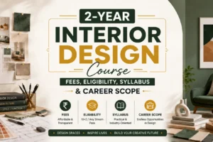 2-Year Interior Design Course blog banner featuring a modern interior design studio, mood board, furniture, and a centered title with fees, eligibility, syllabus, and career scope.