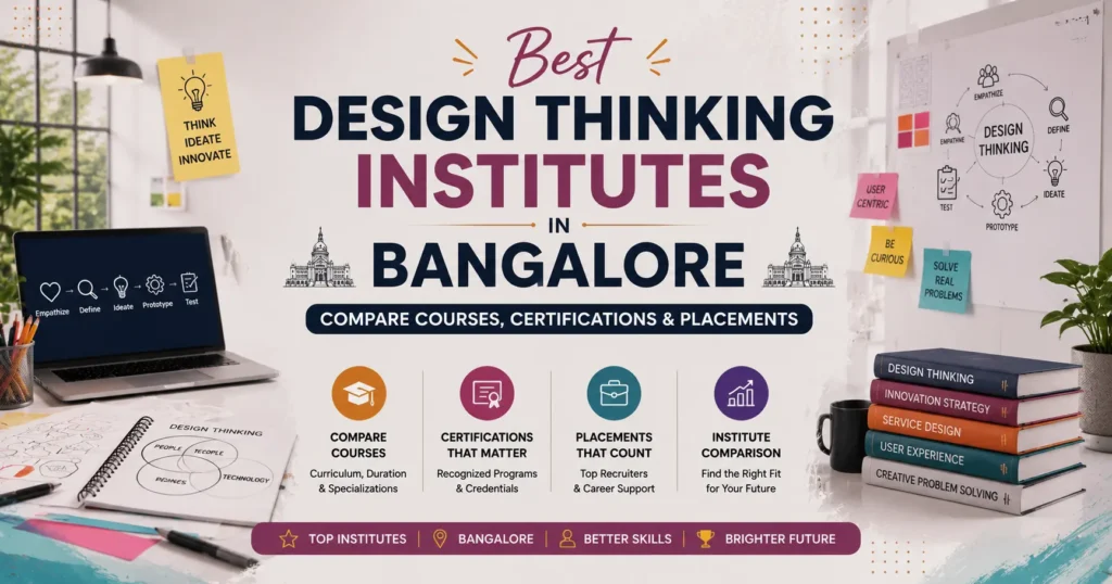 Best Design Thinking Institutes in Bangalore blog banner featuring a modern creative workspace, design thinking visuals, and a centered title comparing courses, certifications, and placements.