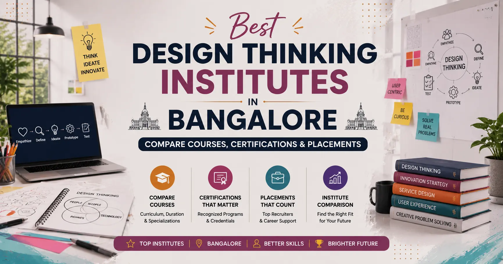 Best Design Thinking Institutes in Bangalore blog banner featuring a modern creative workspace, design thinking visuals, and a centered title comparing courses, certifications, and placements.