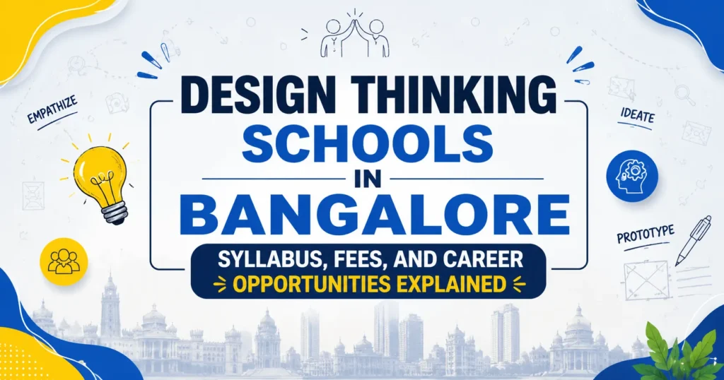 Design Thinking Schools in Bangalore blog banner featuring design process icons, Bangalore skyline, and the title “Design Thinking Schools in Bangalore: Syllabus, Fees, and Career Opportunities Explained”.