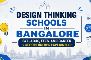Design Thinking Schools in Bangalore blog banner featuring design process icons, Bangalore skyline, and the title “Design Thinking Schools in Bangalore: Syllabus, Fees, and Career Opportunities Explained”.