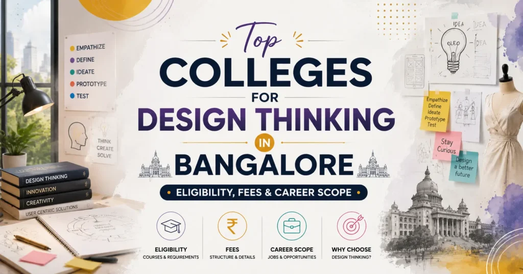 Top Colleges for Design Thinking in Bangalore blog banner featuring a creative workspace, design thinking elements, and a centered title with eligibility, fees, and career scope.