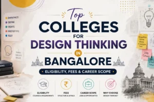top college Top Colleges for Design Thinking in Bangalore blog banner featuring a creative workspace, design thinking elements, and a centered title with eligibility, fees, and career scope.