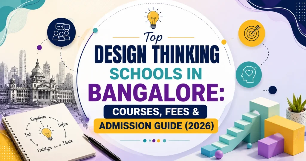 Design Thinking Schools in Bangalore 2026 blog banner with creative design icons and modern educational theme.