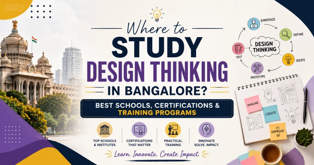 'Where to Study Design Thinking in Bangalore?' featuring Bangalore landmarks, design thinking process icons, and creative learning elements.