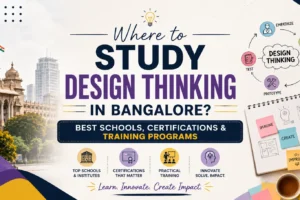 where to study 'Where to Study Design Thinking in Bangalore?' featuring Bangalore landmarks, design thinking process icons, and creative learning elements."