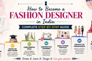 "Step-by-step fashion designer career roadmap with the title 'How to Become a Fashion Designer in India: Complete Step-by-Step Guide' and creative fashion design elements."**