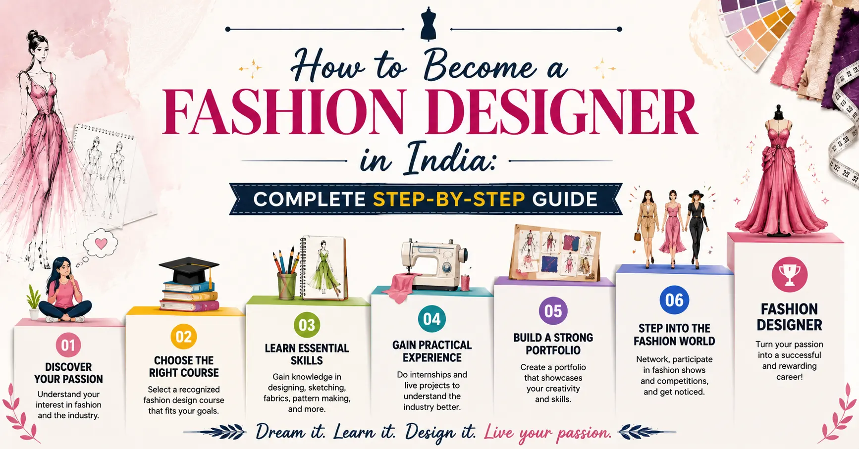 "Step-by-step fashion designer career roadmap with the title 'How to Become a Fashion Designer in India: Complete Step-by-Step Guide' and creative fashion design elements."**
