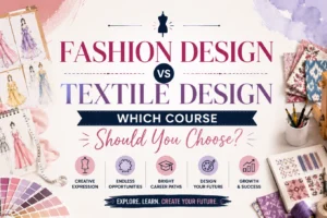 fashion vs textile "Fashion Design vs Textile Design: Which Course Should You Choose?" featuring fashion sketches, a dress form, fabric swatches, color palettes, a weaving loom, textile samples, and the title centered in a creative comparison layout.