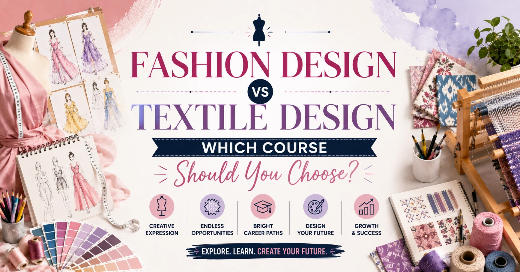 "Fashion Design vs Textile Design: Which Course Should You Choose?" featuring fashion sketches, a dress form, fabric swatches, color palettes, a weaving loom, textile samples, and the title centered in a creative comparison layout.