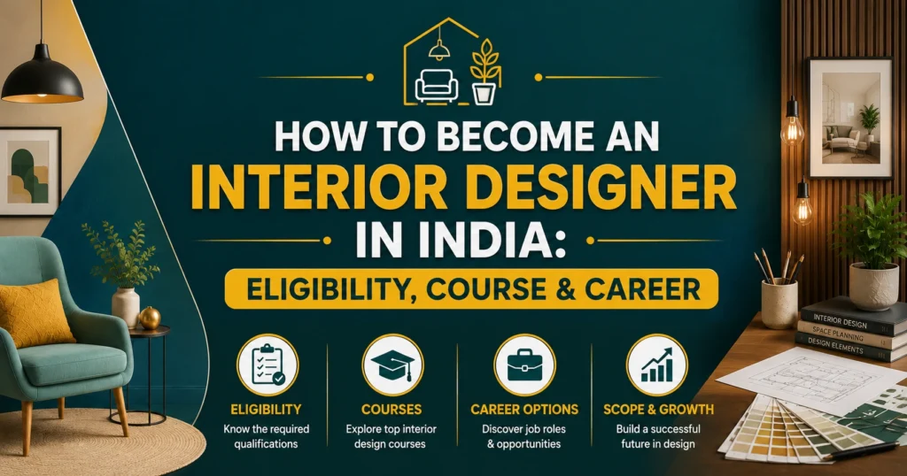 How to Become an Interior Designer in India: Eligibility, Course & Career – A modern blog banner with a teal and gold color theme featuring a stylish interior design workspace, bold centered title, and icons representing eligibility, interior design courses, career opportunities, and professional growth in India.