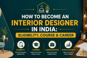 how to became a (1) How to Become an Interior Designer in India: Eligibility, Course & Career – A modern blog banner with a teal and gold color theme featuring a stylish interior design workspace, bold centered title, and icons representing eligibility, interior design courses, career opportunities, and professional growth in India.