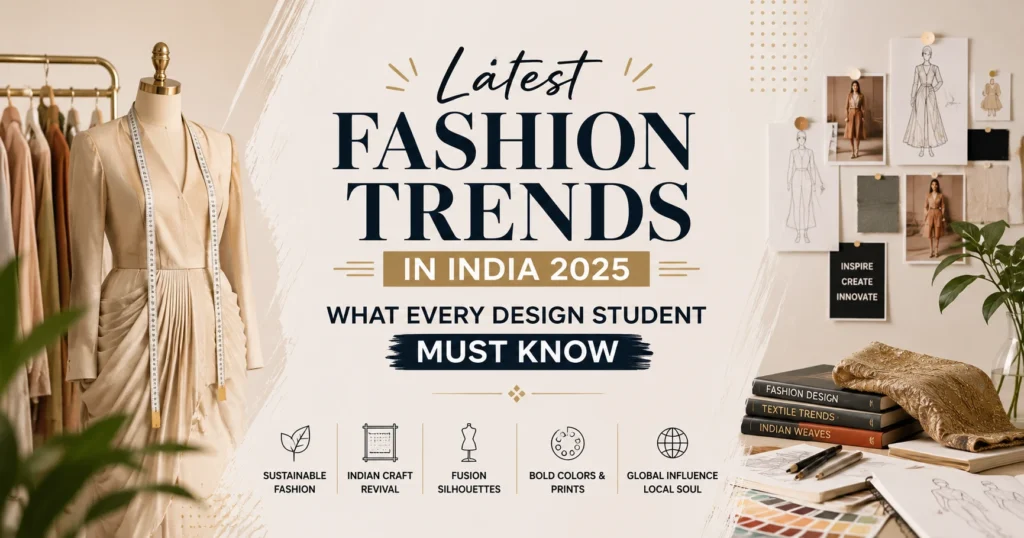 Latest Fashion Trends in India 2025 featuring a modern fashion studio, mannequin, design sketches, fabric samples, and a centered title for design students.