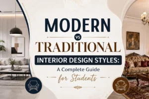 modern vs traditional "Modern vs Traditional Interior Design Styles: A Complete Guide for Students" featuring a side-by-side comparison of a modern minimalist living room and a traditional luxury living room with the title centered on a clean, elegant background.