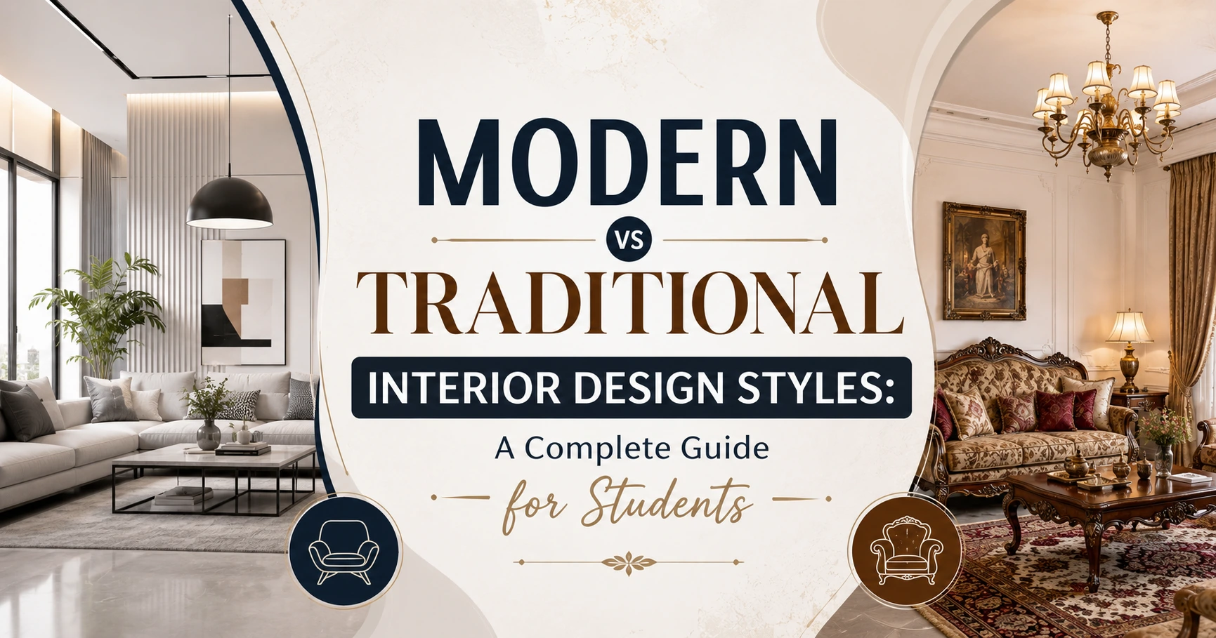 "Modern vs Traditional Interior Design Styles: A Complete Guide for Students" featuring a side-by-side comparison of a modern minimalist living room and a traditional luxury living room with the title centered on a clean, elegant background.