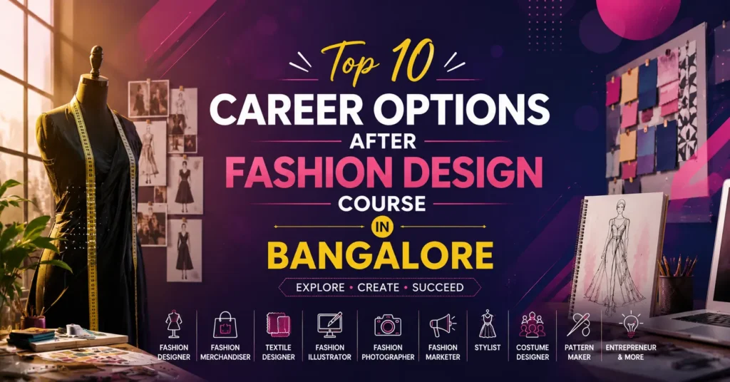 Top 10 Career Options After Fashion Design Course in Bangalore blog banner with a vibrant modern fashion studio, mannequin, design sketches, and centered title.
