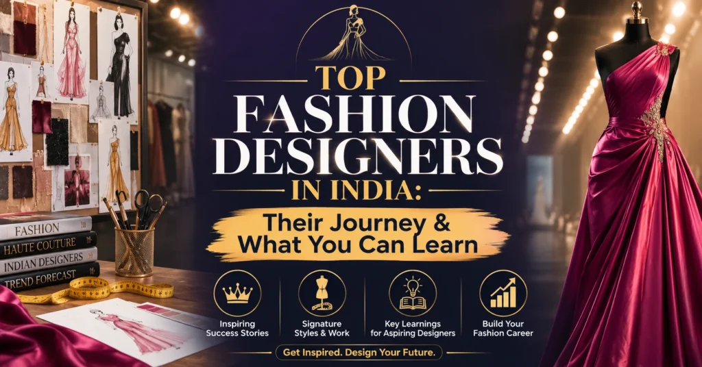 Top Fashion Designers in India blog banner with a luxury fashion studio, couture mannequin, design sketches, and centered title.