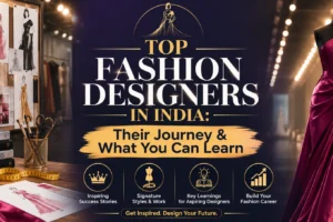 top fashion desing Top Fashion Designers in India blog banner with a luxury fashion studio, couture mannequin, design sketches, and centered title.