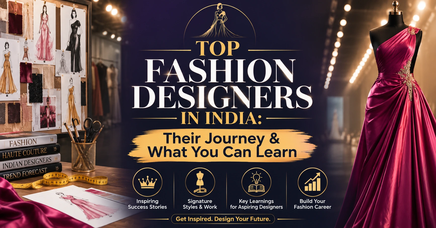 Top Fashion Designers in India blog banner with a luxury fashion studio, couture mannequin, design sketches, and centered title.