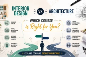 whuch course is right "Interior Design vs Architecture: Which Course is Right for You?" featuring a career decision road leading to two paths, with interior design mood boards and furniture on one side, architectural blueprints and building models on the other, and the title centered in a modern infographic layout.