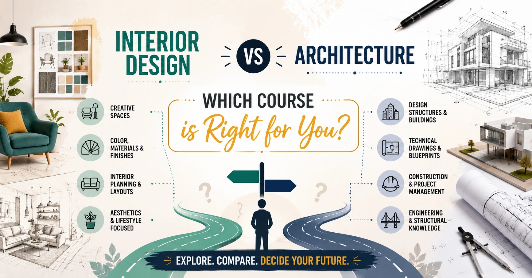 "Interior Design vs Architecture: Which Course is Right for You?" featuring a career decision road leading to two paths, with interior design mood boards and furniture on one side, architectural blueprints and building models on the other, and the title centered in a modern infographic layout.