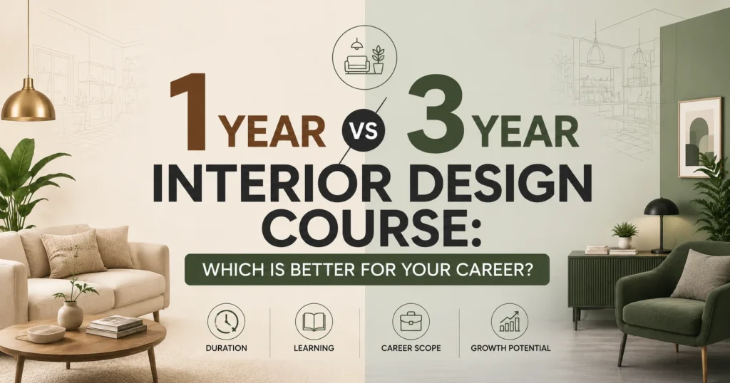 1 Year vs 3 Year Interior Design Course: Which Is Better for Your Career? Modern blog banner featuring a stylish split interior design background with bold centered text comparing 1-year and 3-year interior design courses, highlighting career growth, learning, duration, and opportunities.