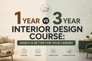 1 Year vs 3 Year Interior Design Course: Which Is Better for Your Career? Modern blog banner featuring a stylish split interior design background with bold centered text comparing 1-year and 3-year interior design courses, highlighting career growth, learning, duration, and opportunities.