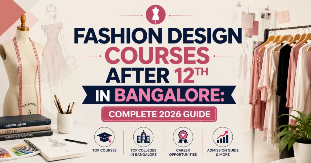 Fashion Design Courses After 12th in Bangalore: Complete 2026 Guide – A modern blog banner featuring a fashion design studio with a dress form, clothing rack, sketchbook, and bold centered title, highlighting fashion design courses, top colleges, career opportunities, and admission guidance in Bangalore.