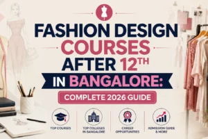 after 12 Fashion Design Courses After 12th in Bangalore: Complete 2026 Guide – A modern blog banner featuring a fashion design studio with a dress form, clothing rack, sketchbook, and bold centered title, highlighting fashion design courses, top colleges, career opportunities, and admission guidance in Bangalore.