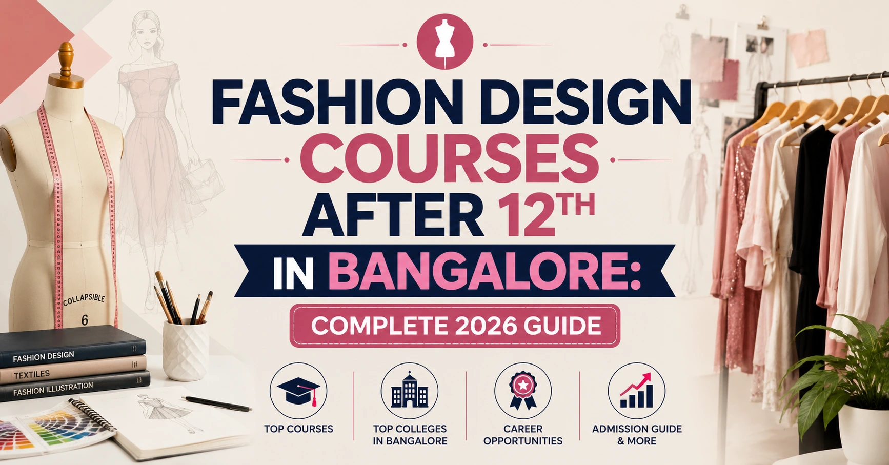 Fashion Design Courses After 12th in Bangalore: Complete 2026 Guide – A modern blog banner featuring a fashion design studio with a dress form, clothing rack, sketchbook, and bold centered title, highlighting fashion design courses, top colleges, career opportunities, and admission guidance in Bangalore.