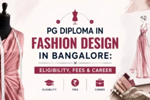 "PG Diploma in Fashion Design in Bangalore: Eligibility, Fees & Career" featuring a fashion mannequin, designer sketchbook, measuring tape, fabric swatches, and fashion-themed icons on a modern pastel background.