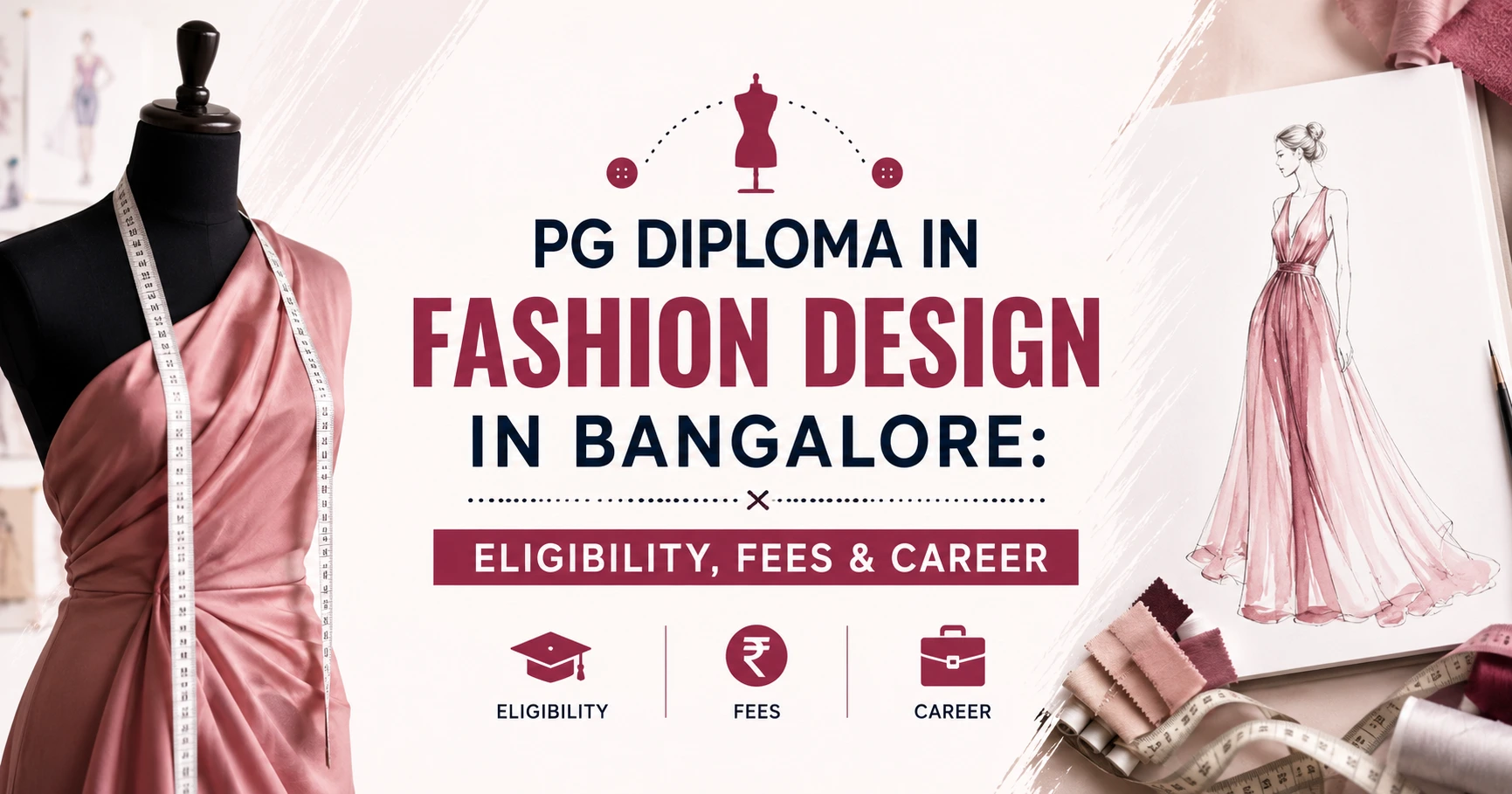 "PG Diploma in Fashion Design in Bangalore: Eligibility, Fees & Career" featuring a fashion mannequin, designer sketchbook, measuring tape, fabric swatches, and fashion-themed icons on a modern pastel background.