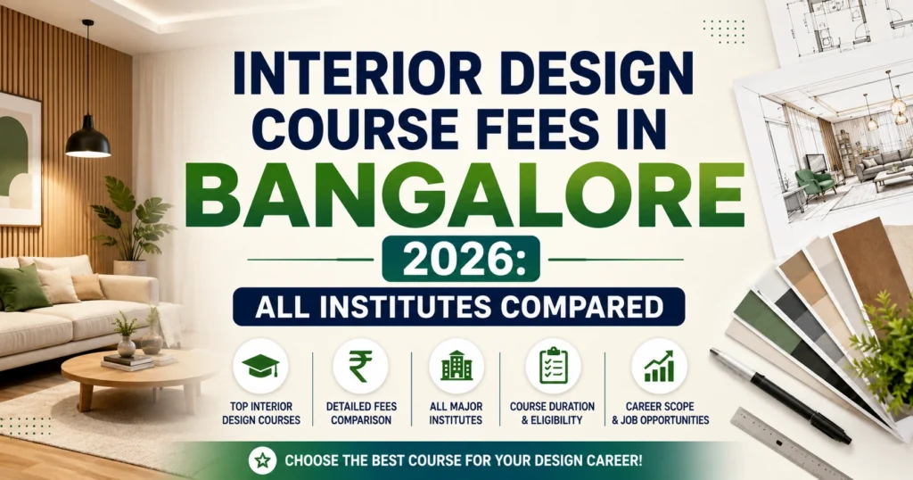 Interior Design Course Fees in Bangalore 2026: All Institutes Compared blog banner featuring a modern living room, interior design sketches, material samples, and a centered title on a clean green and navy-themed background.