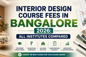 interior desings course Interior Design Course Fees in Bangalore 2026: All Institutes Compared blog banner featuring a modern living room, interior design sketches, material samples, and a centered title on a clean green and navy-themed background.