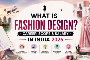 "What Is Fashion Design? Career, Scope & Salary in India 2026" featuring the Bangalore skyline, fashion mannequin, designer sketchbook, fabric swatches, sewing tools, and icons representing career opportunities, creative growth, and salary on a modern, colorful background.