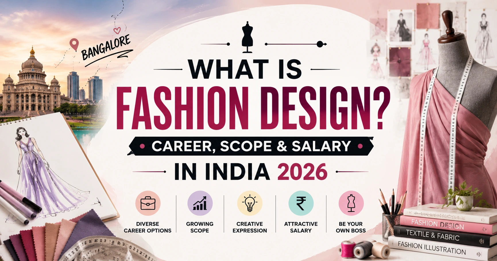 "What Is Fashion Design? Career, Scope & Salary in India 2026" featuring the Bangalore skyline, fashion mannequin, designer sketchbook, fabric swatches, sewing tools, and icons representing career opportunities, creative growth, and salary on a modern, colorful background.