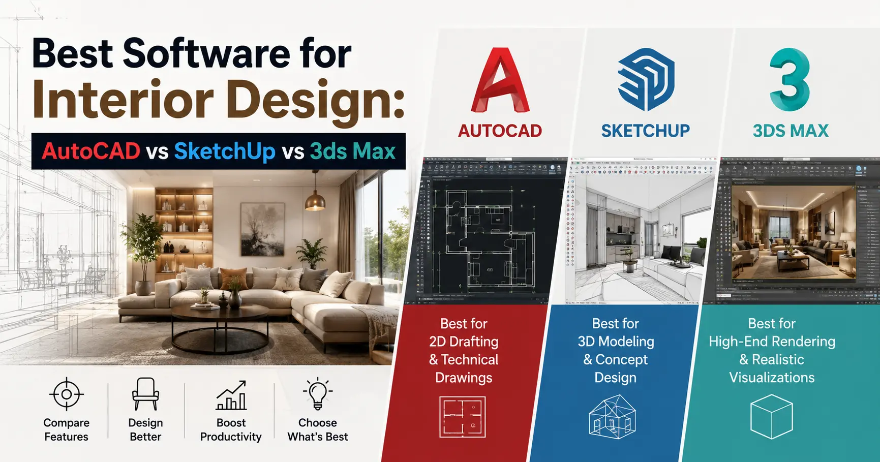 Comparison of AutoCAD, SketchUp, and 3ds Max software for interior design with modern living room visualization.