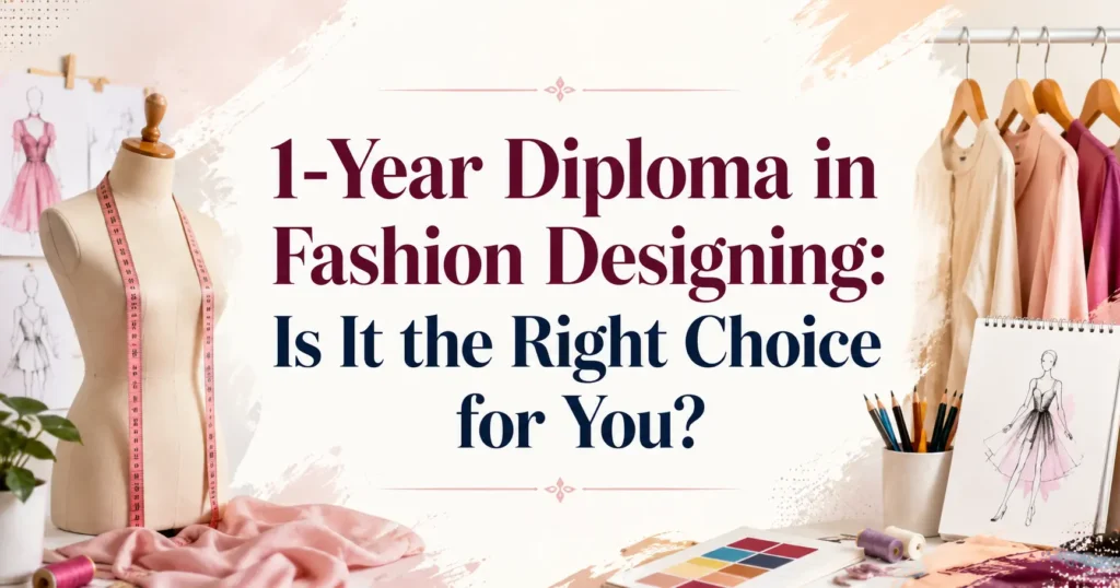 1-Year Diploma in Fashion Designing: Is It the Right Choice for You? blog banner featuring a fashion design studio with a dress form, measuring tape, hanging garments, fashion sketches, fabric swatches, sewing tools, and the title displayed prominently in the center on a clean, elegant background. Ideal for articles about fashion design diploma courses, career guidance, and fashion education.