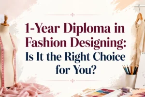 1-Year Diploma in Fashion Designing: Is It the Right Choice for You? blog banner featuring a fashion design studio with a dress form, measuring tape, hanging garments, fashion sketches, fabric swatches, sewing tools, and the title displayed prominently in the center on a clean, elegant background. Ideal for articles about fashion design diploma courses, career guidance, and fashion education.