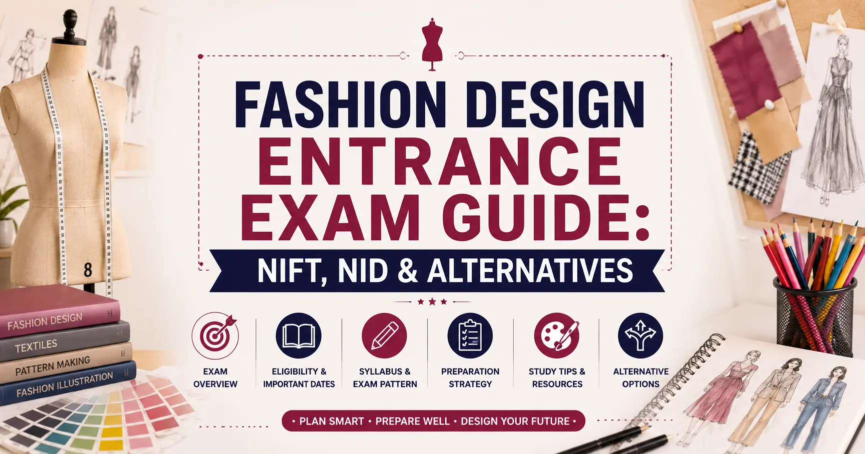 Fashion design entrance exam preparation guide with NIFT, NID, sketchbooks, mannequin, and design study materials.