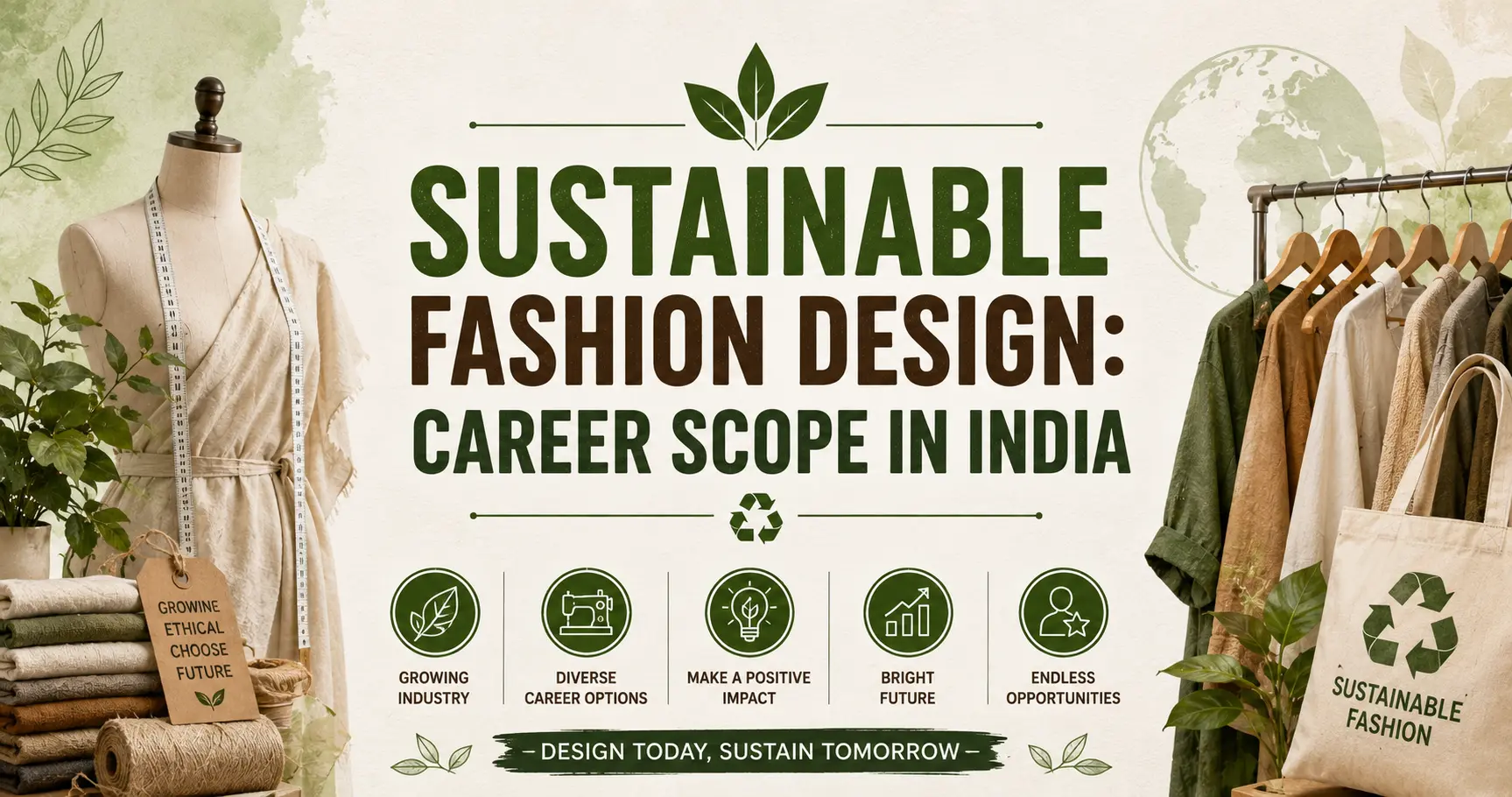 Eco-friendly fashion design concept featuring sustainable clothing, recycled materials, and career opportunities in India.