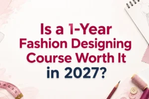 blog image Blog banner with the title 'Is a 1-Year Fashion Designing Course Worth It in 2027?' centered on a clean white background, surrounded by fashion design elements including a mannequin, measuring tape, fabric swatches, sewing thread, scissors, sketchbook, pencils, and dress illustrations.