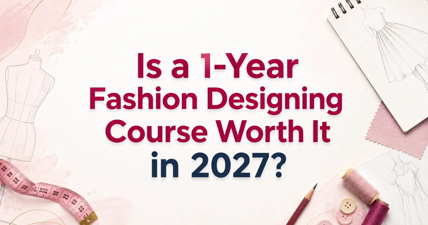 Blog banner with the title 'Is a 1-Year Fashion Designing Course Worth It in 2027?' centered on a clean white background, surrounded by fashion design elements including a mannequin, measuring tape, fabric swatches, sewing thread, scissors, sketchbook, pencils, and dress illustrations.