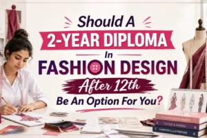 ChatGPT Image Sep 1, 2026, 03_39_13 PM **Alt text:** 2-year diploma in fashion design after 12th, featuring a fashion design student sketching in a creative studio with mannequins, fabrics, and fashion design materials.