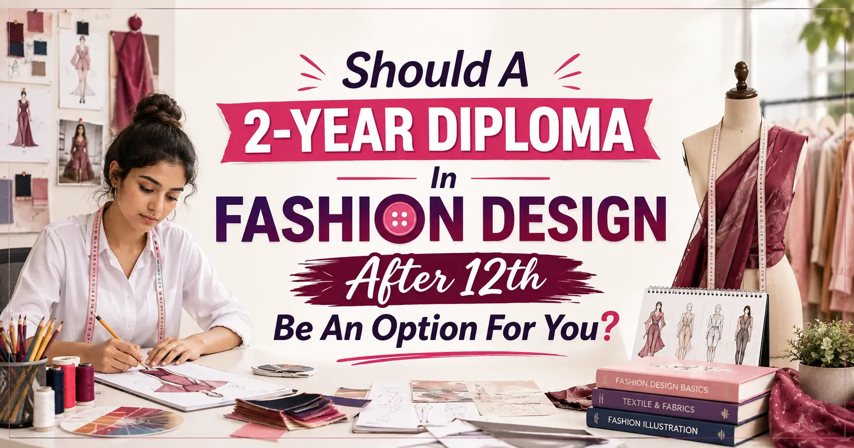 **Alt text:** 2-year diploma in fashion design after 12th, featuring a fashion design student sketching in a creative studio with mannequins, fabrics, and fashion design materials.